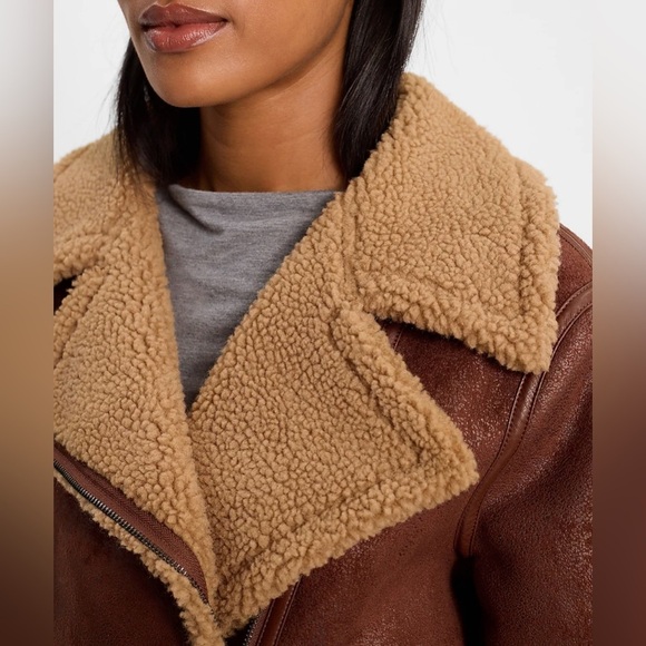 NWT Express  	
FAUX SUEDE SHERPA MOTO JACKET Hickory Shearling Jacket size XS - Picture 4 of 5